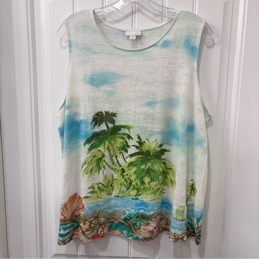 J. Jill Women’s Love Linen Tropical Print Sleeveless Semi-Sheer Tank Size L Tall
